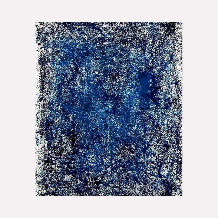 The artwork "Obsession 11" by Albion Vu features a densely textured abstract composition dominated by deep blues and black speckles, creating a dynamic, almost cosmic surface. The piece evokes the pointillism technique reminiscent of Georges Seurat, combined with the abstract expressionist depth of Jackson Pollock's drip paintings.