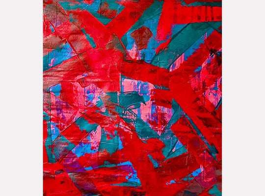 The artwork "Obsession 16" by Albion Vu features bold, overlapping geometric shapes in vivid red contrasted with deep teal and blue accents. The textured layers create a dynamic sense of depth and movement reminiscent of abstract expressionism, evoking styles similar to works by Mark Rothko and Willem de Kooning.