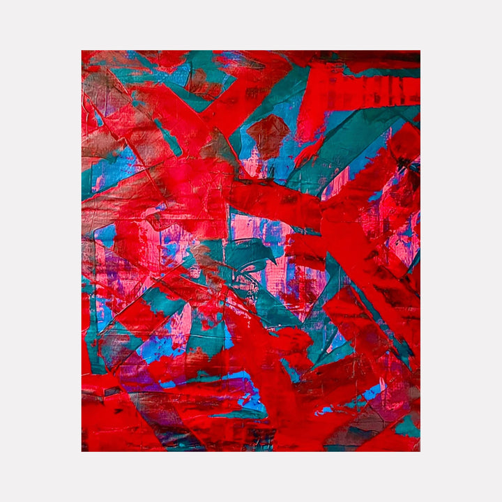 The artwork "Obsession 16" by Albion Vu features bold, overlapping geometric shapes in vivid red contrasted with deep teal and blue accents. The textured layers create a dynamic sense of depth and movement reminiscent of abstract expressionism, evoking styles similar to works by Mark Rothko and Willem de Kooning.