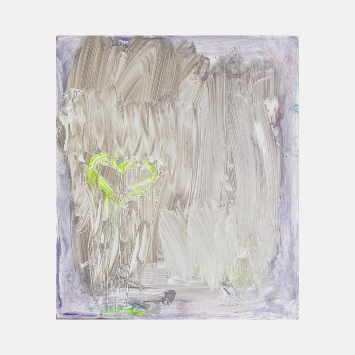 The artwork "once more softly" by Aliza Sternstein features broad, sweeping brushstrokes in muted beige and white tones layered over a subtle lavender background. In the center-left, a faint neon green heart shape emerges, adding an unexpected pop of color. The style reflects abstract expressionism reminiscent of Cy Twombly’s gestural techniques.