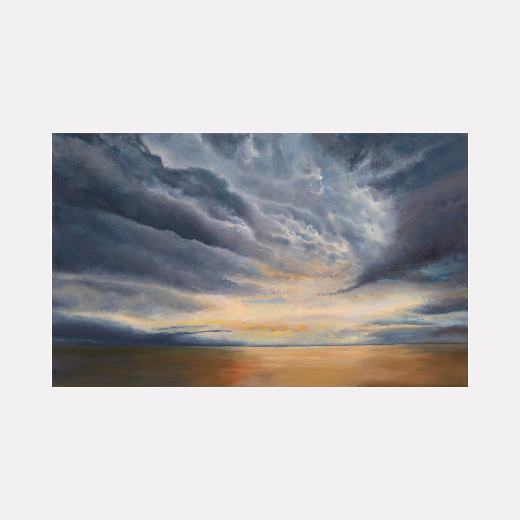 Piece De Resistance by Nadia Parsons captures a dramatic sky with swirling clouds in deep blues and grays, contrasted by soft golden light reflecting on calm waters, evoking a powerful and serene moment in landscape art.