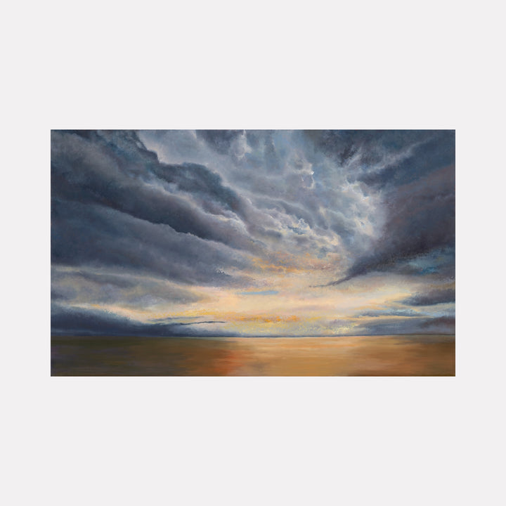 Piece De Resistance by Nadia Parsons captures a dramatic sky with swirling clouds in deep blues and grays, contrasted by soft golden light reflecting on calm waters, evoking a powerful and serene moment in landscape art.