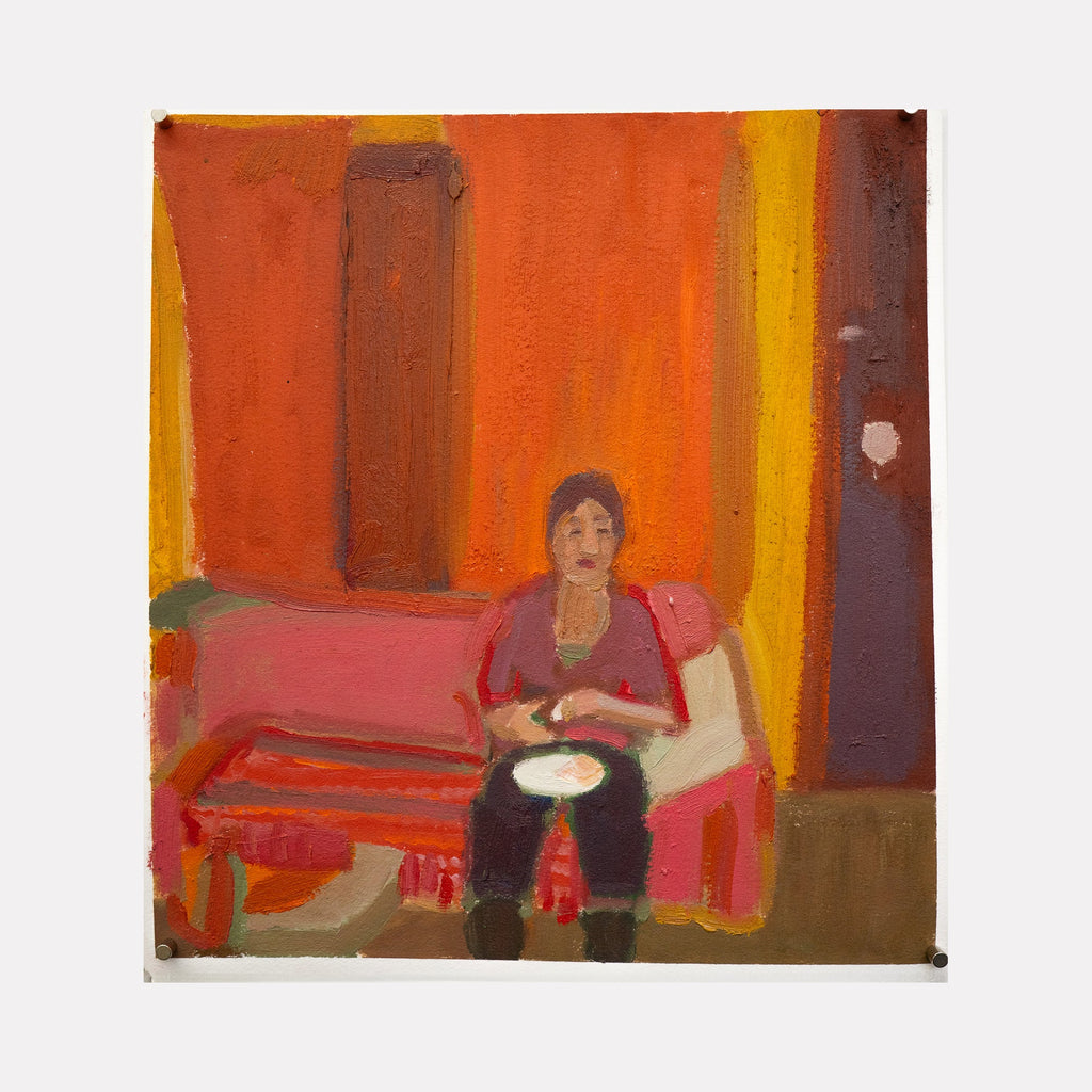 The artwork "please now, peer from the kitchen window" by Chelsie Sunde depicts a seated woman in warm, earthy tones of red, orange, and yellow, with a textured, impressionistic style. The figure sits on a sofa with a striped cushion, framed by a simple, abstracted interior featuring a door and window shapes. Chelsie Sunde.