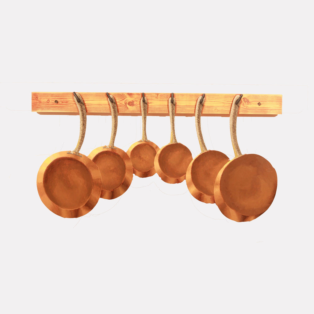 The artwork "Pots and Pans" by Carl Chaiet in gallery position 1 features a series of six copper-toned pans hanging gracefully from a wooden beam with rope loops. The composition highlights warm metallic textures and organic shapes, evoking the rustic charm and material focus reminiscent of Giorgio Morandi’s still lifes and the tactile realism of Edward Hopper.