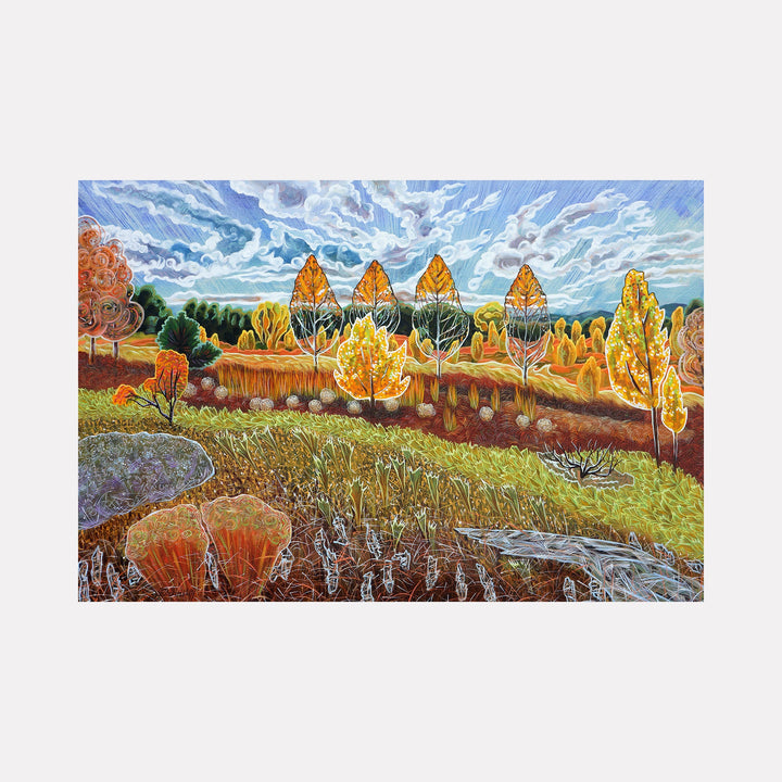 The artwork "Red Fox Meadow" by Gina Blickenstaff captures a vibrant Colorado landscape with stylized autumn trees in golden and burnt orange hues under a swirling blue sky. The layered textures and intricate line work evoke a blend of natural forms and abstract patterns, reminiscent of the detailed landscapes by Grandma Moses and the dynamic skies of J.M.W. Turner. This gallery position 1 piece showcases an organic yet rhythmic harmony of colors