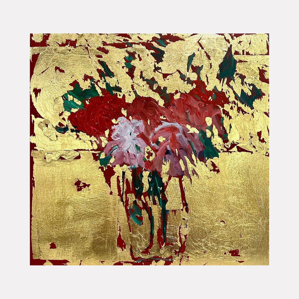 The artwork "Roses in a glass vase" by Owen Brown features a textured mixed media composition with vibrant red and soft pink flowers set against a striking gold-leaf background. The bold, expressive brushstrokes and layered textures evoke the luxurious abstraction and delicate floral motifs reminiscent of Gustav Klimt’s ornamental style and Cy Twombly’s dynamic mark-making.
