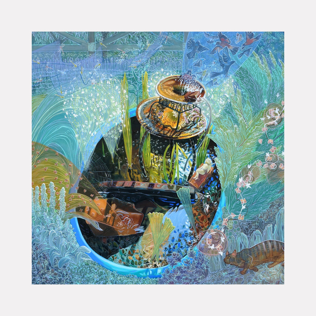 The artwork "Rush Hour" by Gina Blickenstaff in gallery position 1 presents a complex, layered scene blending natural elements and urban motifs in cool blues and greens. Intricate textures and fluid shapes evoke a dynamic ecosystem, combining detailed botanical forms and lively wildlife, reminiscent of the atmospheric depth in Charles Burchfield’s and the narrative complexity found in Joseph Cornell’s mixed media.