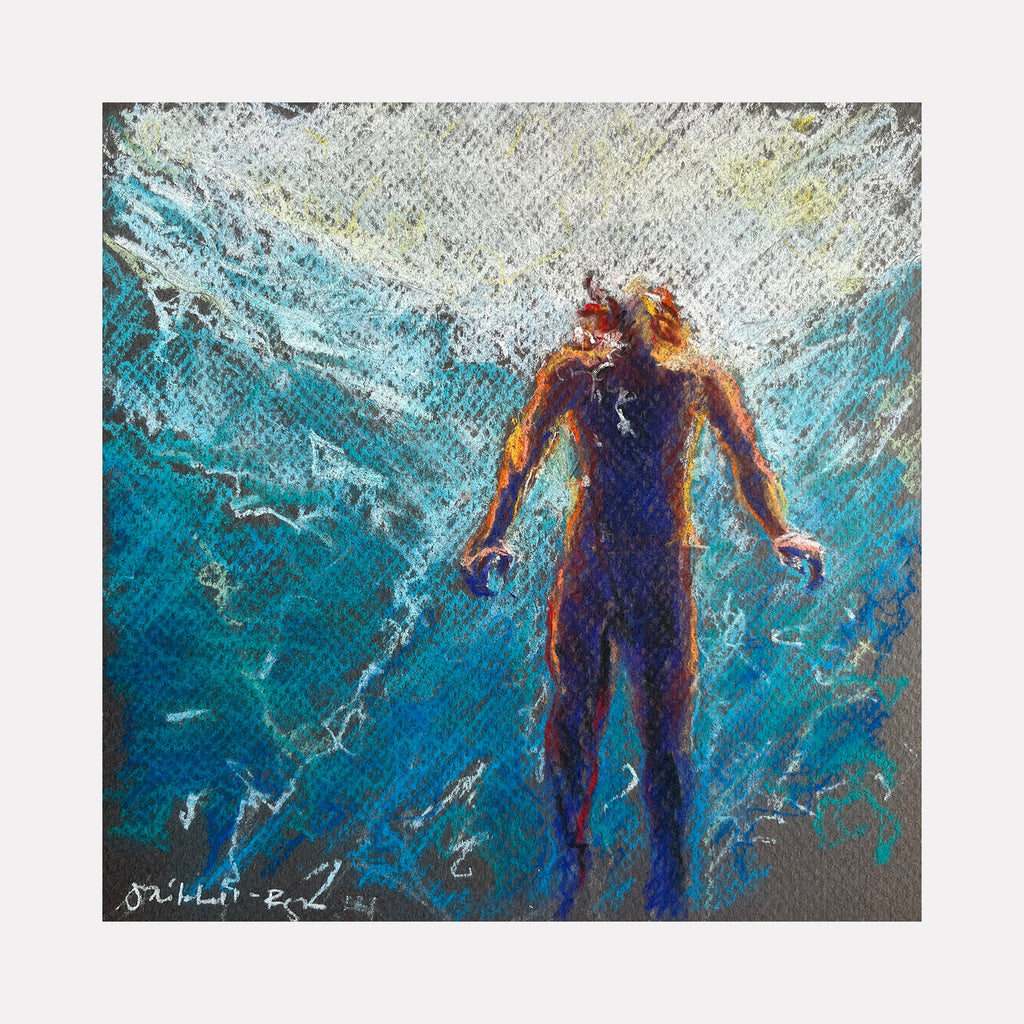 The artwork "Submerged 11" by Jo Carol Mitchell-Rogers depicts a solitary figure viewed from behind, bathed in cool tones of blue and teal with accents of red and orange, creating a contrast that evokes a sense of depth and immersion. The textured, expressive brushstrokes and dynamic composition recall elements of Edvard Munch’s emotional intensity and the abstract fluidity of J.M.W. Turner’s seascapes.