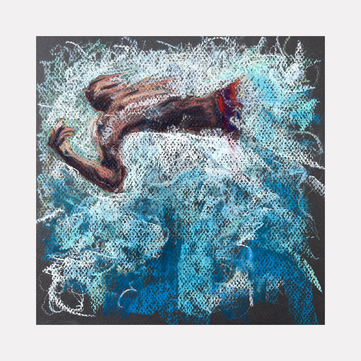 The artwork "Submerged 29" by Jo Carol Mitchell-Rogers depicts a fragmented, partially submerged human figure rendered in expressive, textured brushstrokes. Dominated by swirling blues and whites, the composition creates an impression of water and movement, reminiscent of Edgar Degas’ dynamic pastels or the abstract fluidity seen in works by Gerhard Richter.