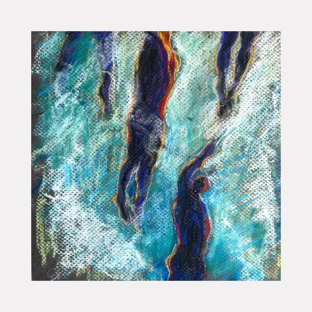 The artwork "Submerged 2" by Jo Carol Mitchell-Rogers depicts abstract, elongated human-like figures immersed in swirling shades of blue and turquoise, evoking an underwater scene. The textured surface and dynamic brushstrokes recall the fluidity found in works by Edgar Degas and Claude Monet, blending impressionistic and modernist styles.