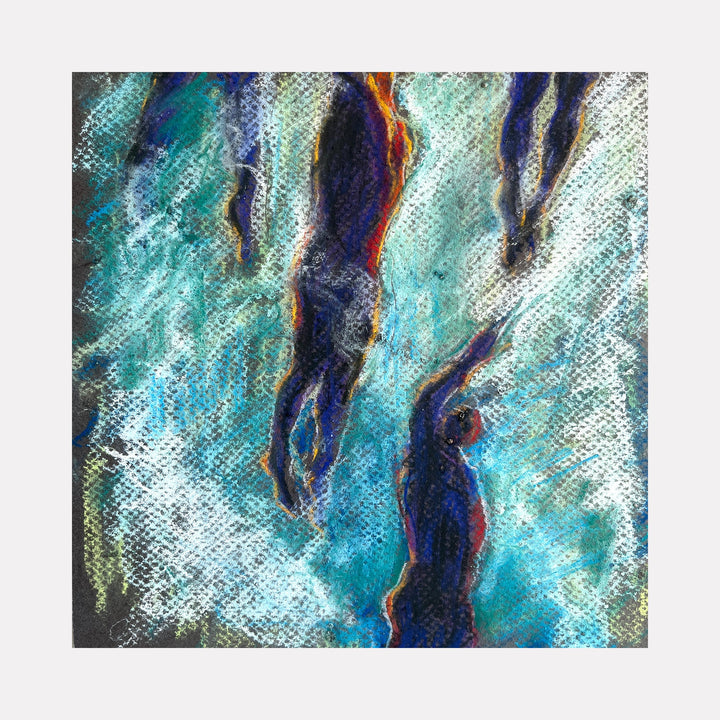 The artwork "Submerged 2" by Jo Carol Mitchell-Rogers depicts abstract, elongated human-like figures immersed in swirling shades of blue and turquoise, evoking an underwater scene. The textured surface and dynamic brushstrokes recall the fluidity found in works by Edgar Degas and Claude Monet, blending impressionistic and modernist styles.