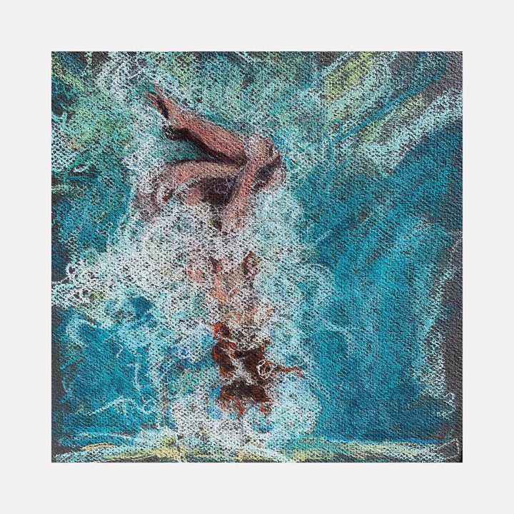 The artwork "Submerged 33" by Jo Carol Mitchell-Rogers depicts a figure diving underwater surrounded by dynamic, swirling blue and turquoise hues with white foamy textures suggesting motion and bubbles. The style combines impressionistic brushstrokes reminiscent of Monet’s water scenes with expressionistic energy similar to works by Edgar Degas.