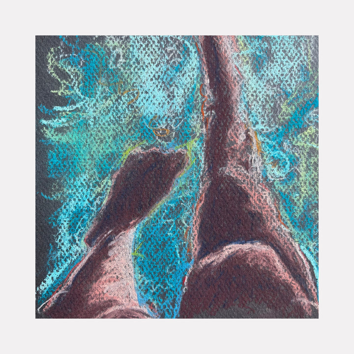 The artwork "Submerged 39" by Jo Carol Mitchell-Rogers features a textured, abstract depiction of a pair of feet partially immersed in water. The image uses rich earthy tones for the feet contrasted with vibrant blues and greens of the swirling water, reminiscent of impressionist techniques seen in works by Claude Monet, emphasizing movement and fluidity with expressive pastel strokes.