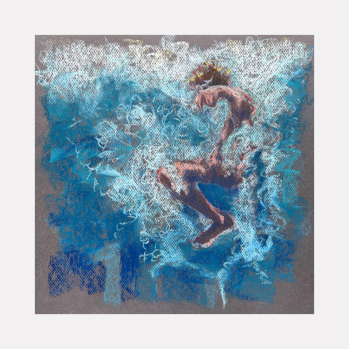 The artwork "Submerged 45" by Jo Carol Mitchell-Rogers depicts an abstract human figure immersed in swirling shades of blue and white, evoking a sense of water and fluid motion. The textured, layered strokes resemble the impressionistic style of Edgar Degas combined with the ethereal quality of J.M.W. Turner’s seascapes, creating a dynamic and emotive composition.