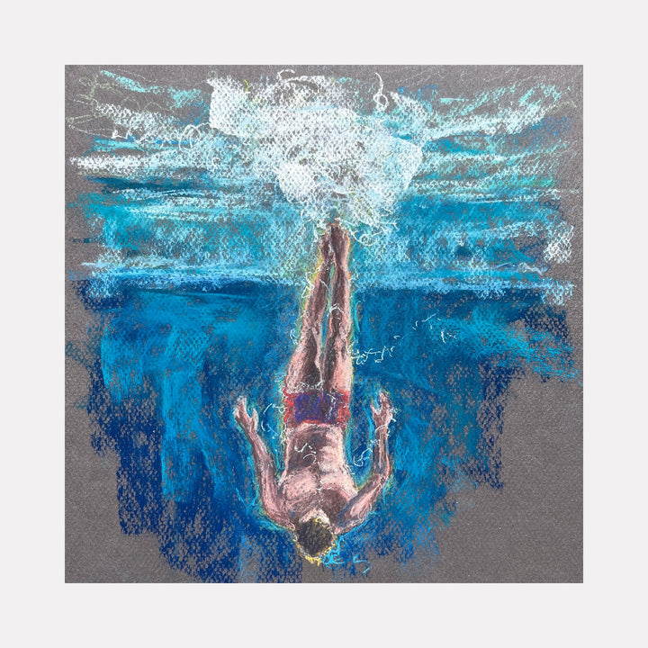 The artwork "Submerged 47" by Jo Carol Mitchell-Rogers depicts a figure diving into deep blue water, rendered in pastel tones with dynamic, textured strokes that evoke movement and fluidity. The style recalls impressionistic influences similar to Edgar Degas’ bathers and captures the ephemeral beauty of water and human form in motion.