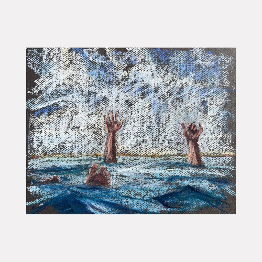 The artwork "Submerged 48" by Jo Carol Mitchell-Rogers depicts two raised hands and a partially visible foot emerging from turbulent, textured blue waters, contrasted against a dynamic, almost pointillist white and blue abstract background reminiscent of the energetic brushwork found in works by Jackson Pollock or the evocative atmosphere of J.M.W. Turner’s seascapes.