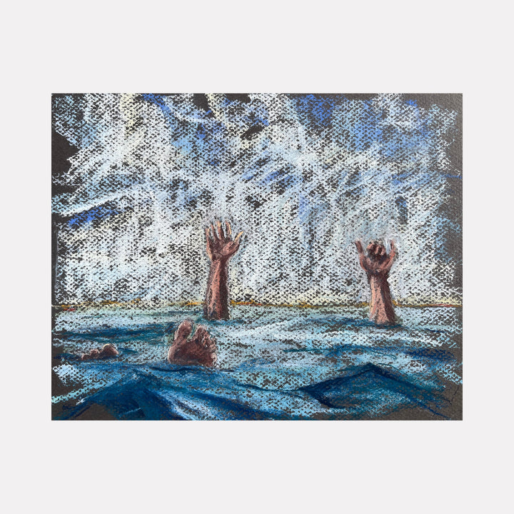 The artwork "Submerged 48" by Jo Carol Mitchell-Rogers depicts two raised hands and a partially visible foot emerging from turbulent, textured blue waters, contrasted against a dynamic, almost pointillist white and blue abstract background reminiscent of the energetic brushwork found in works by Jackson Pollock or the evocative atmosphere of J.M.W. Turner’s seascapes.