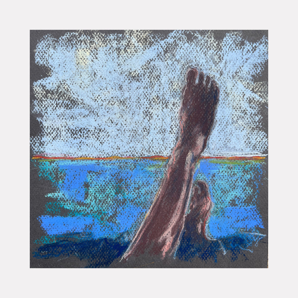 The artwork "Submerged 49" by Jo Carol Mitchell-Rogers features a pair of legs partially submerged in water, rendered in soft pastel shades of blue, brown, and beige. The textured background and loose, impressionistic style evoke the works of Edgar Degas and Mary Cassatt, capturing a serene moment with dynamic, expressive strokes and a contemplative atmosphere.