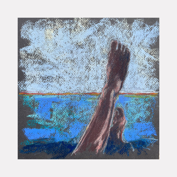 The artwork "Submerged 49" by Jo Carol Mitchell-Rogers features a pair of legs partially submerged in water, rendered in soft pastel shades of blue, brown, and beige. The textured background and loose, impressionistic style evoke the works of Edgar Degas and Mary Cassatt, capturing a serene moment with dynamic, expressive strokes and a contemplative atmosphere.