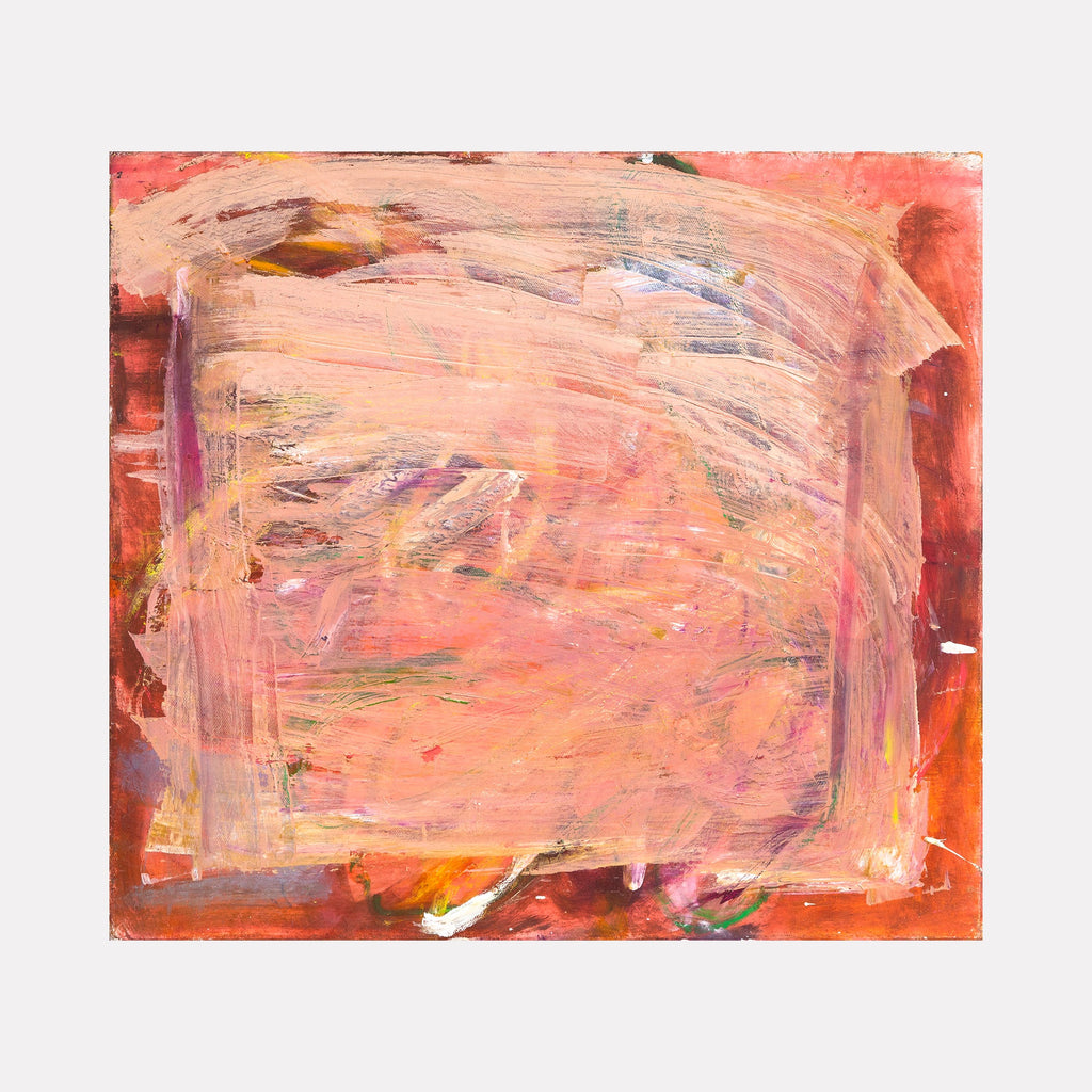 The artwork "tell me a memory" by Aliza Sternstein features a layered abstract composition with broad, textured brushstrokes in warm pinks, reds, and hints of purple and yellow, resembling the expressive style of artists like Willem de Kooning or early Mark Rothko. The dynamic overlapping colors create a sense of depth and emotion.