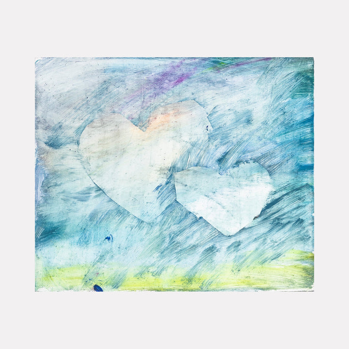 The artwork "the yenevelt" by Aliza Sternstein features two heart shapes subtly blended into a textured background of soft blues, greens, and hints of purple. The abstract brushstrokes evoke a dreamy, impressionistic style reminiscent of Claude Monet’s gentle landscapes, with a light, ethereal quality and layered painterly textures.