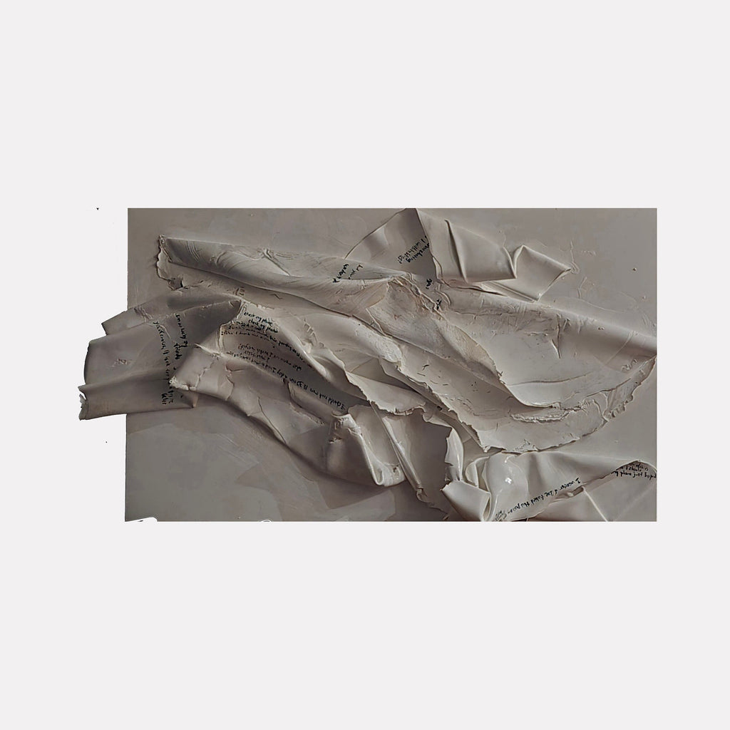 The artwork "Thoughts, feelings and other incidentals" by Roger Hsia features a textured acrylic medium with layered, crumpled, and torn paper-like shapes in muted beige and off-white tones. Subtle handwritten text appears sporadically across the folds, creating a contemplative, abstract composition. Roger Hsia.