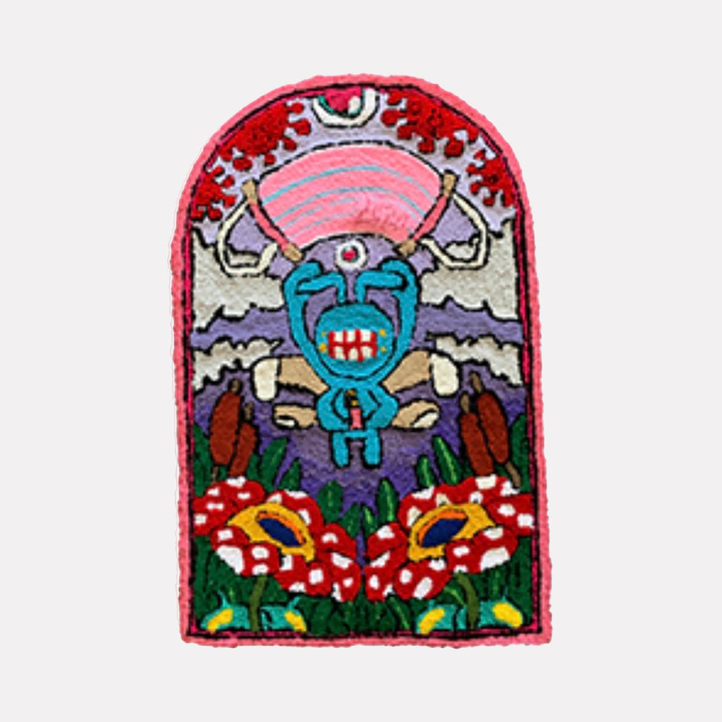 The artwork "Untitled (from “2020 / 2021” section)" by James Hsieh features a vibrant composition with a central blue figure surrounded by bold red and white floral shapes. The textured layers, dynamic lines, and bright colors evoke a folkloric abstraction, reminiscent of the vivid palettes and stylized forms found in works by Jean Dubuffet and Joan Miró.