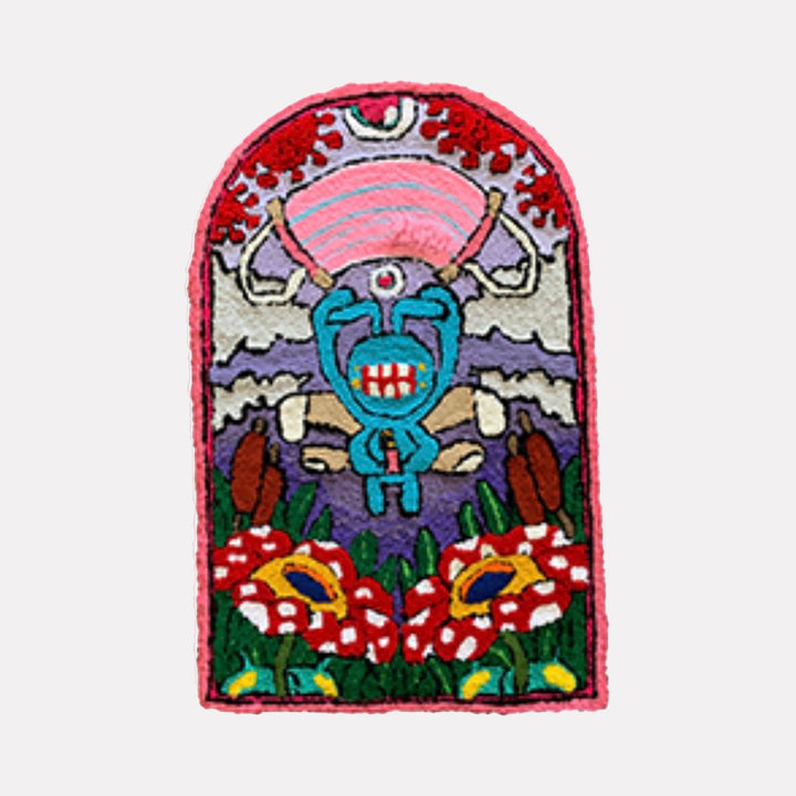 The artwork "Untitled (from “2020 / 2021” section)" by James Hsieh features a vibrant composition with a central blue figure surrounded by bold red and white floral shapes. The textured layers, dynamic lines, and bright colors evoke a folkloric abstraction, reminiscent of the vivid palettes and stylized forms found in works by Jean Dubuffet and Joan Miró.