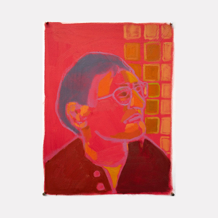The artwork "untitled" by Chelsie Sunde features a stylized portrait of a person with short hair and glasses, rendered in bold red, orange, and pink hues. The background includes a pattern of square shapes in warm tones, creating a vibrant and textured composition that emphasizes expression and color contrast. Chelsie Sunde.