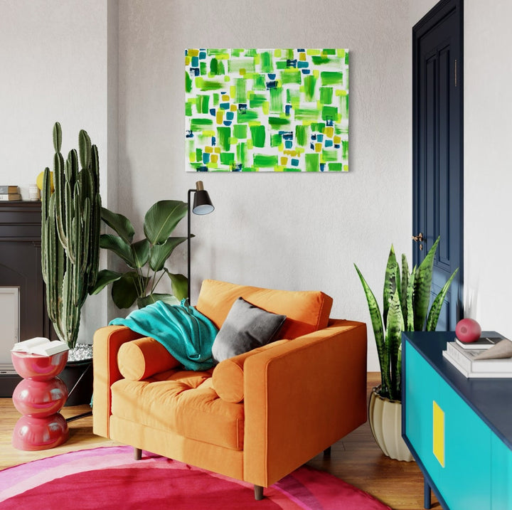 The artwork 'the seaweed, is always greener no.3' by Taylor Binda features a vibrant geometric abstract pattern of interlocking shapes in various shades of green and blue. The acrylic on canvas piece displays a mosaic-like composition with bold brushstrokes creating a dynamic, modern aesthetic that evokes underwater vegetation and aquatic movement.