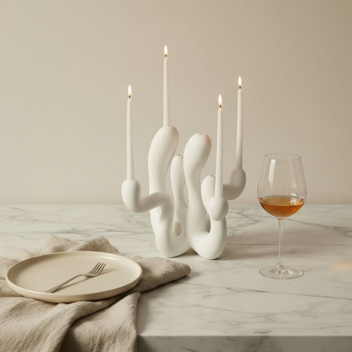 The artwork, Hold the Light Sculptural Candleholder, by Shadia Sabagh, displayed in a room.