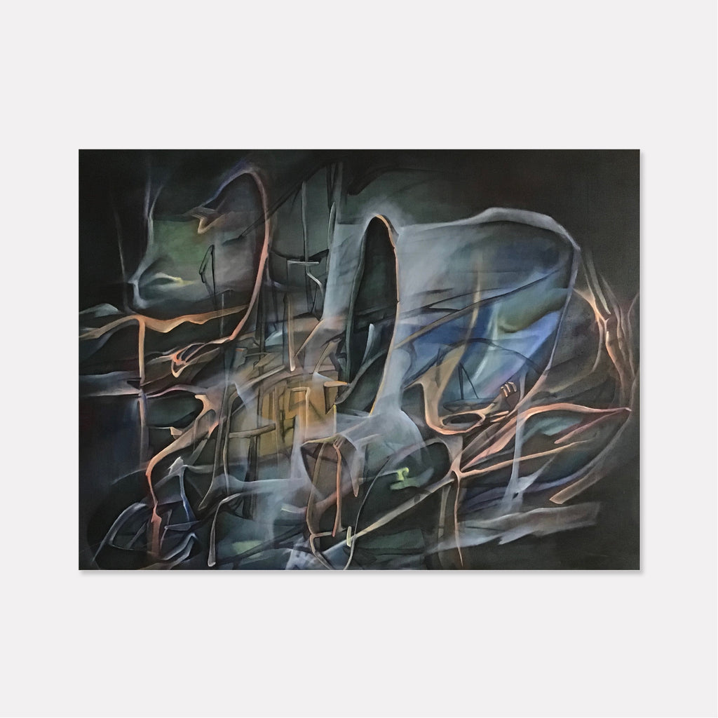 The artwork 'Erlkonig' by Megan Olson features abstract expressionist brushstrokes in moody dark greens and blues, with sweeping copper accents creating dynamic movement. Ethereal shapes emerge through misty layers, suggesting mysterious forest forms. Oil on canvas painting combines fluid and sharp elements in a 30x40 inch dramatic composition.