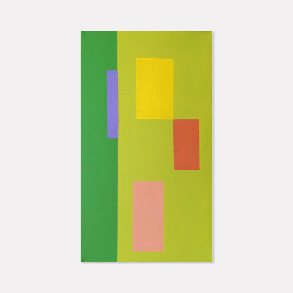The artwork 'Moments I (Triptych)' by Shyun Song features a modernist composition of geometric rectangles in vibrant colors against a lime green background. A vertical emerald green stripe anchors the left edge, while purple, yellow, coral, and pink rectangles float harmoniously across the canvas, creating a dynamic abstract arrangement in oil paint.