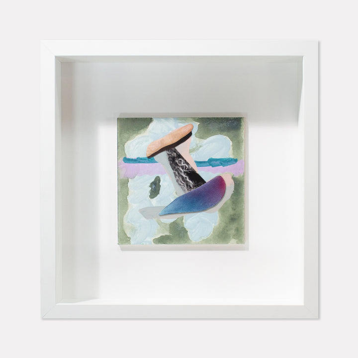 The artwork 'Fragment#01' by Winnie Sidharta features abstract collage elements combining watercolor and magazine cutouts on a 5x5 inch panel. The composition shows floating shapes in blue and peach tones against a soft green background, with white cloud-like forms creating depth and movement. The piece is displayed in a clean white frame that enhances its minimalist aesthetic.