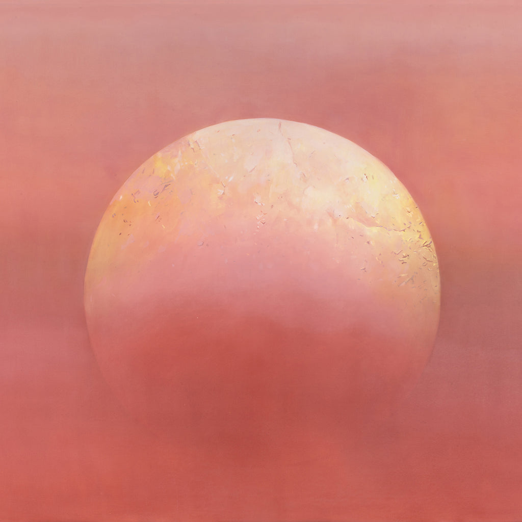 The artwork 'Butter Moon' by Theresa Bloise features a luminous circular orb in soft butter yellow and coral pink hues, emerging from a misty rose-colored background. The moon's surface shows delicate textural details created through oil and acrylic techniques, creating an ethereal, dreamy atmosphere with subtle gradient transitions.