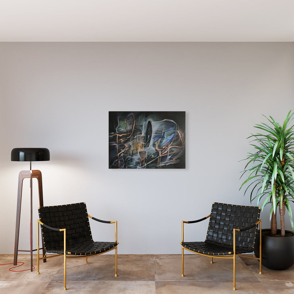 The artwork 'Erlkönig' by Megan Olson features ethereal abstract forms in shades of dark blue, grey, and bronze, creating a mystical atmosphere through fluid brushstrokes and ghostly shapes. The oil painting's dynamic composition suggests movement through interweaving translucent layers against a shadowy background. 30x40 inches oil on canvas by Megan Olson.