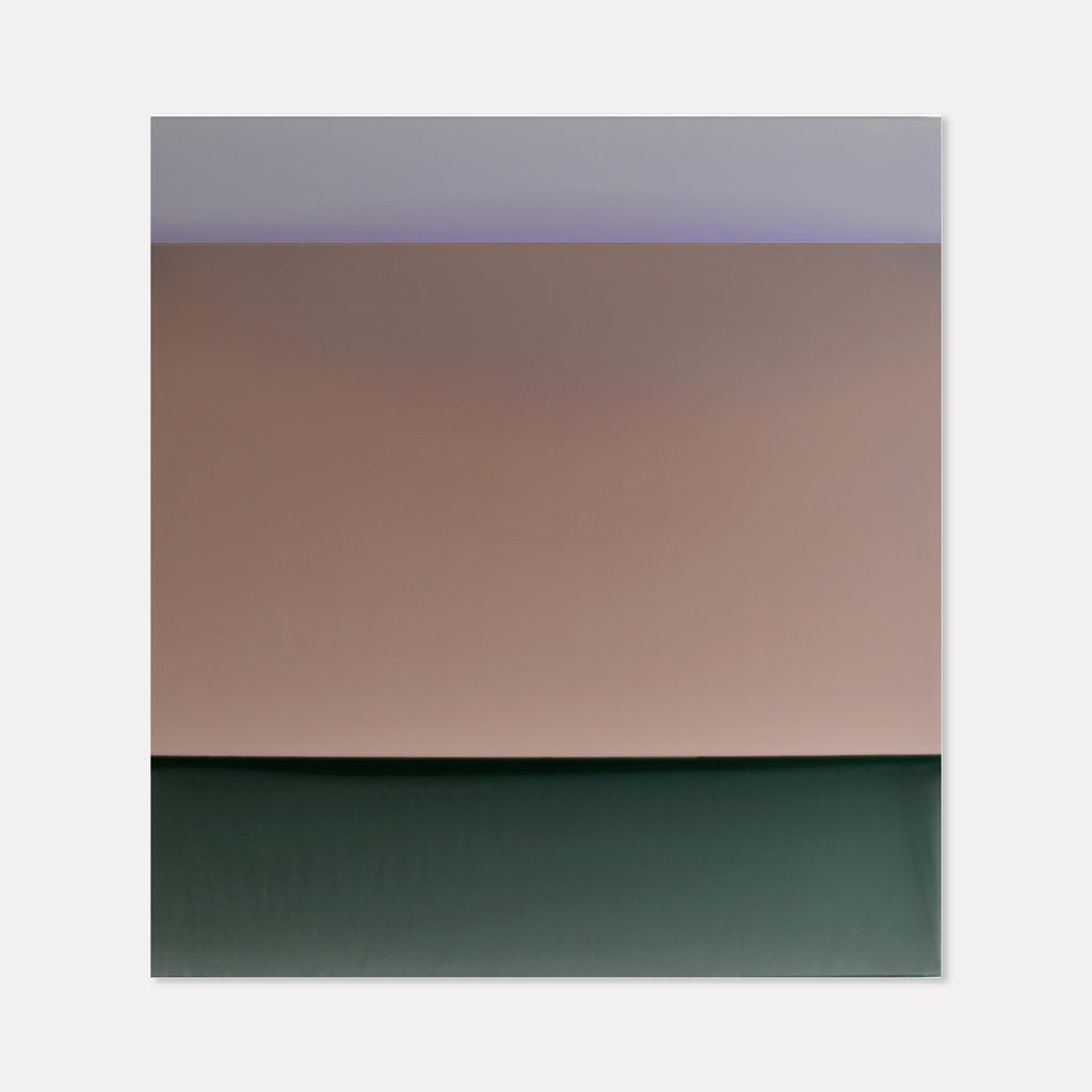 The artwork 'Stage' by Susan English features a minimalist color-block composition with a smooth gradient from muted mauve to deep forest green. The piece showcases a crisp horizontal division between colors, created using tinted polymer on panel, measuring 48x47 inches. The transition between hues creates a serene, atmospheric effect characteristic of English's signature style.
