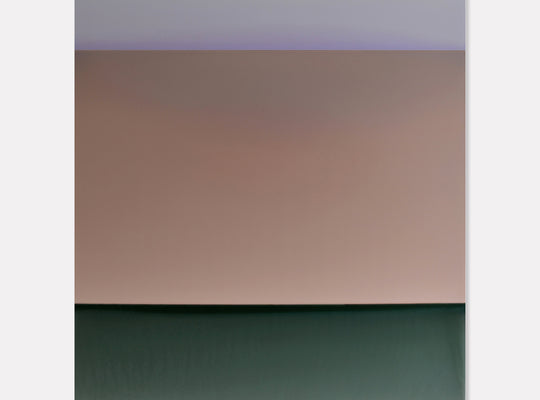 The artwork 'Stage' by Susan English features a minimalist color-block composition with a smooth gradient from muted mauve to deep forest green. The piece showcases a crisp horizontal division between colors, created using tinted polymer on panel, measuring 48x47 inches. The transition between hues creates a serene, atmospheric effect characteristic of English's signature style.
