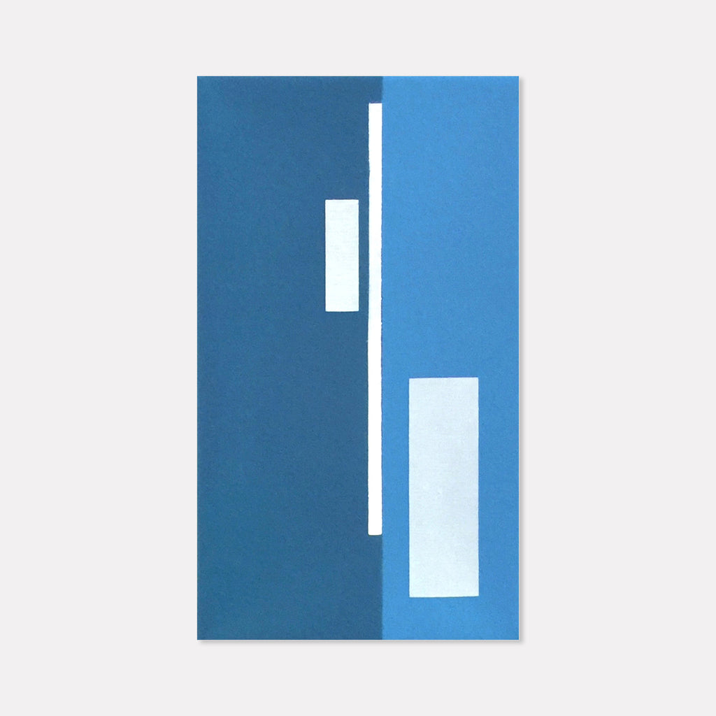 The artwork 'Moments II (Triptych)' by Shyun Song features minimalist geometric composition with vertical white rectangles against a duotone blue background. The abstract design creates depth through contrasting shades of deep and light blue, with clean lines and stark geometric forms in oil on canvas. By Shyun Song.