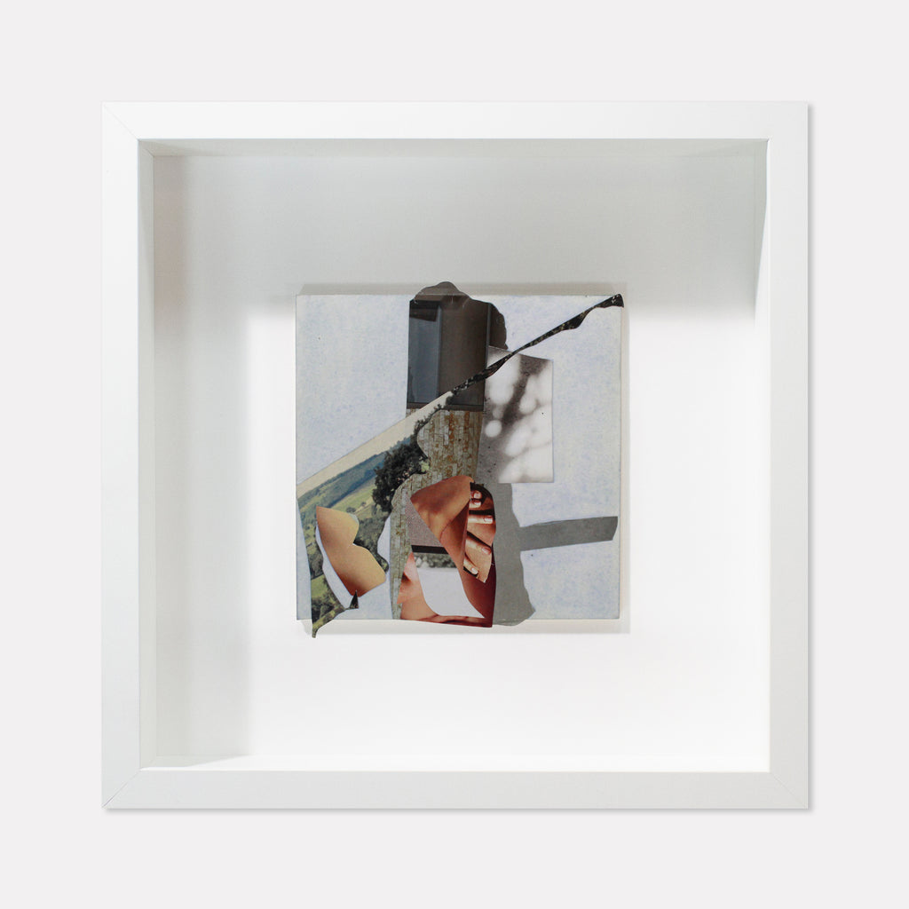 The artwork 'Fragment#02' by Winnie Sidharta features abstract collage elements combining magazine cutouts with watercolor on a 5x5 inch panel. Geometric shapes and torn paper fragments create a fractured composition in muted tones of gray, white, and subtle color accents, presented in a clean white frame.