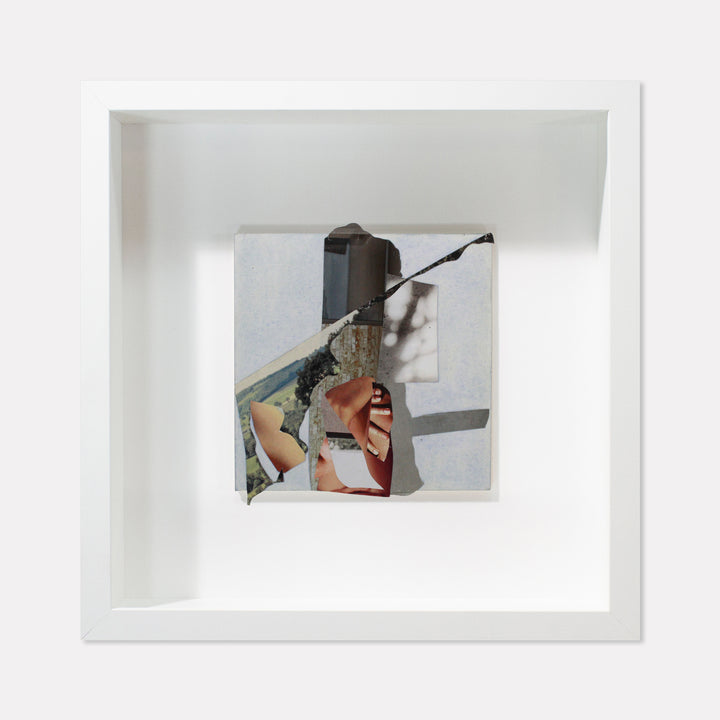 The artwork 'Fragment#02' by Winnie Sidharta features abstract collage elements combining magazine cutouts with watercolor on a 5x5 inch panel. Geometric shapes and torn paper fragments create a fractured composition in muted tones of gray, white, and subtle color accents, presented in a clean white frame.