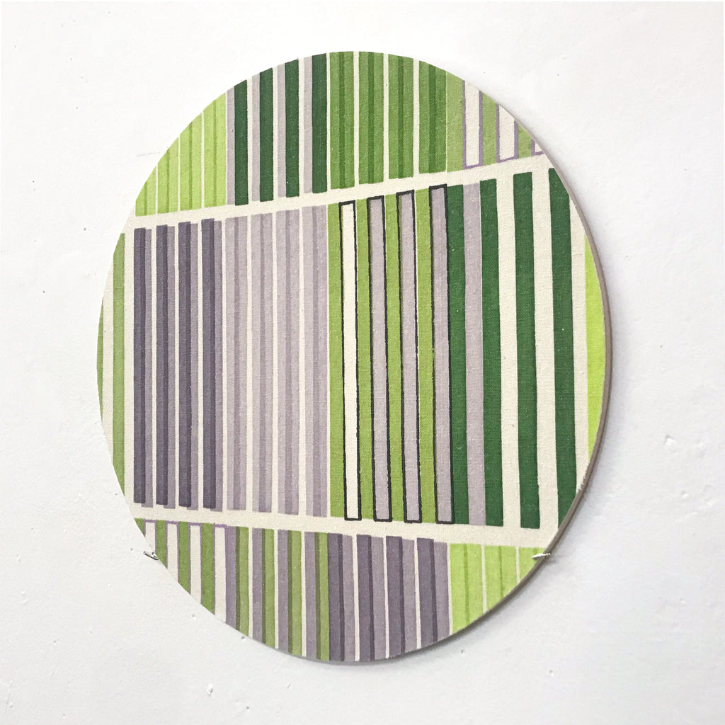 Line Study 2 by Molly Koehn features a circular composition with vertical stripes in varying shades of green and gray, arranged in geometric sections divided by white horizontal lines. Created using pigment on raw silk mounted to birch, the 10x10 inch artwork demonstrates a minimalist, contemporary approach to linear patterns.