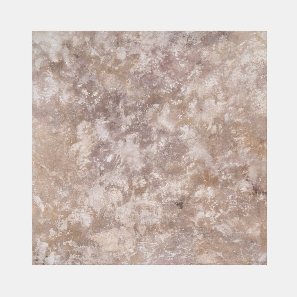 The artwork "03-24" features a 30 by 30-inch canvas with a textured, abstract composition in muted beige, brown, and cream tones. The piece showcases layered materials including gesso, acrylic, salt, and wine, creating a complex surface with a soft, organic pattern. The artwork "03-24" by Jacqueline Ferrante.