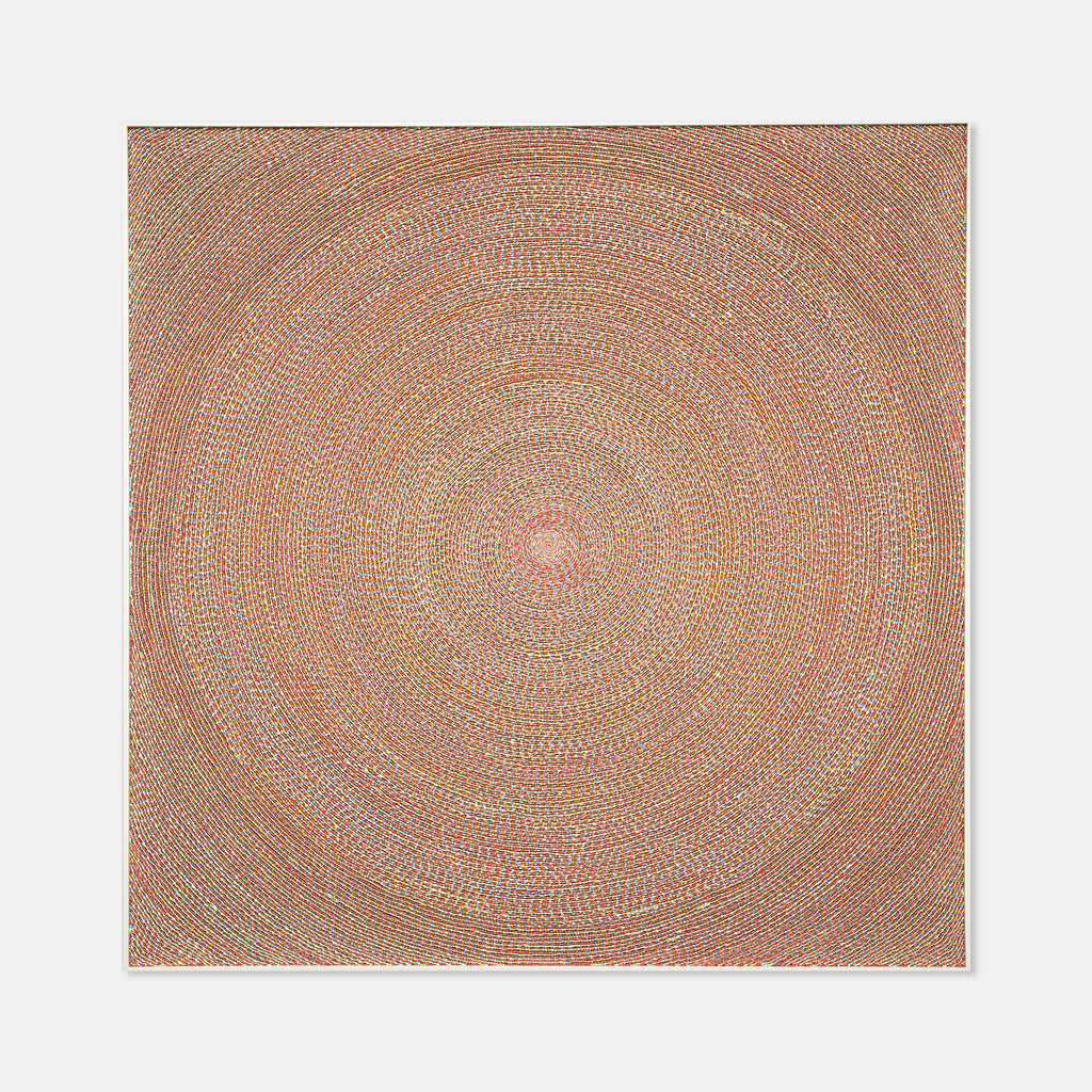 The artwork 'Grandma's Mints' by Lori Kirkbride features a mesmerizing circular mandala pattern with intricate concentric rings in soft pastel hues of mint green, coral pink, and lavender. The detailed pointillist technique creates a radiant, textured effect expanding from a central point, rendered in acrylic polymer and resin on panel.