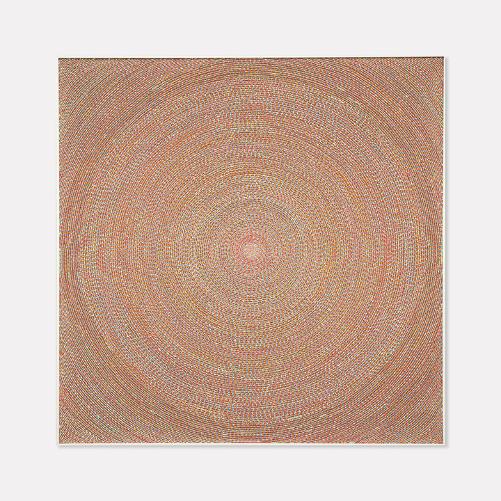 The artwork 'Grandma's Mints' by Lori Kirkbride features a mesmerizing circular mandala pattern with intricate concentric rings in soft pastel hues of mint green, coral pink, and lavender. The detailed pointillist technique creates a radiant, textured effect expanding from a central point, rendered in acrylic polymer and resin on panel.