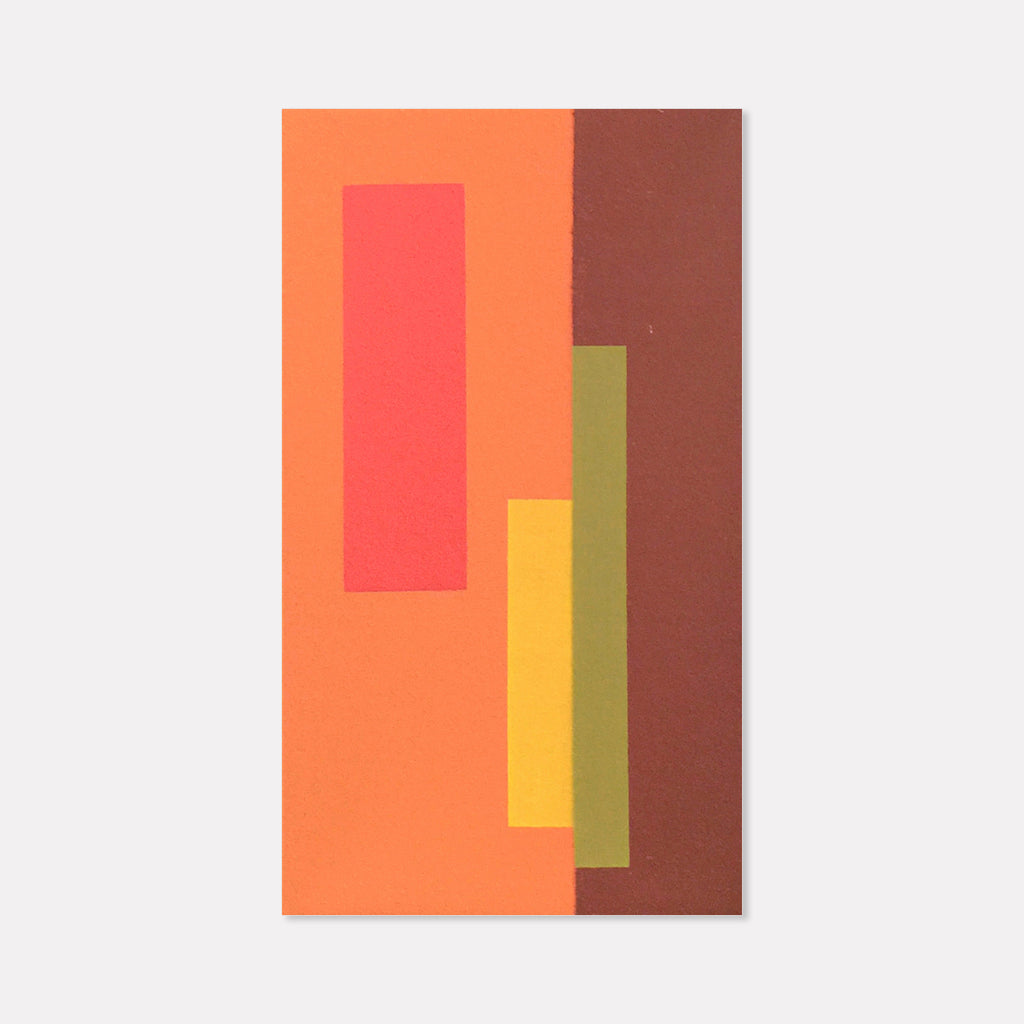 The artwork 'Moments III (Triptych)' by Shyun Song features bold geometric rectangles in vibrant coral, pink, yellow, and olive green against a warm brown background. The abstract composition creates a harmonious interplay of warm colors and vertical shapes on oil canvas, measuring 14 inches high by 8 inches wide.