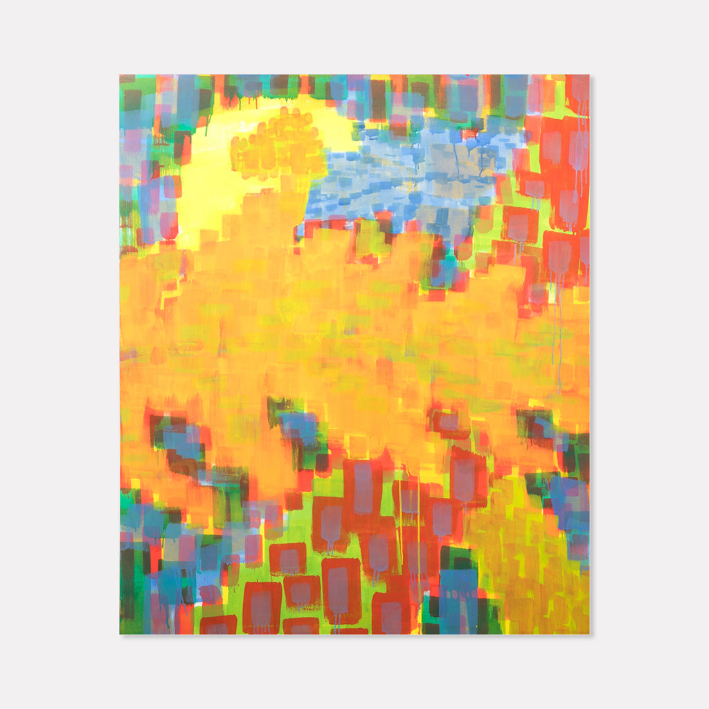The artwork 'Dinos in Passing at Moon's Height' by Til Will features vibrant pointillist technique with blocks of yellow, orange, and blue creating an abstract landscape. Geometric shapes suggest dinosaur silhouettes against a luminous sky. Multi-colored rectangular forms blend in a mosaic-like pattern, executed in acrylic on canvas.