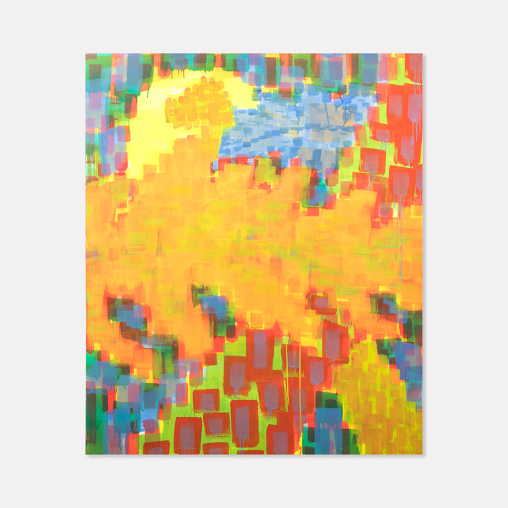 The artwork 'Dinos in Passing at Moon's Height' by Til Will features vibrant pointillist technique with blocks of yellow, orange, and blue creating an abstract landscape. Geometric shapes suggest dinosaur silhouettes against a luminous sky. Multi-colored rectangular forms blend in a mosaic-like pattern, executed in acrylic on canvas.