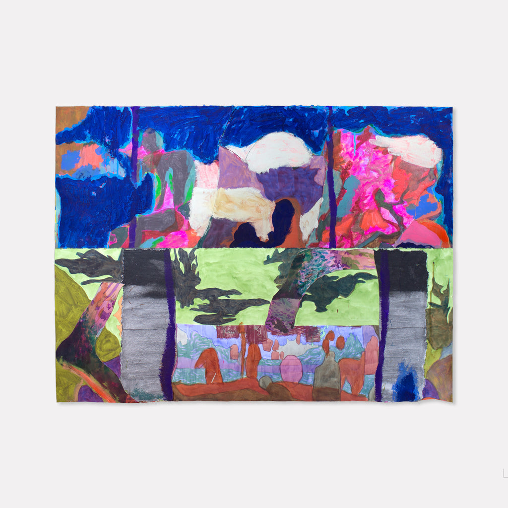 The artwork 'Entrance #2' by Winnie Sidharta features an abstract landscape collage with vibrant blue skies and billowing clouds above a green meadow. Abstract tree-like forms in gray and black create vertical elements, while splashes of hot pink and purple add dynamic energy. The mixed media composition combines watercolor fluidity with acrylic boldness, showcasing layered textures and organic shapes.