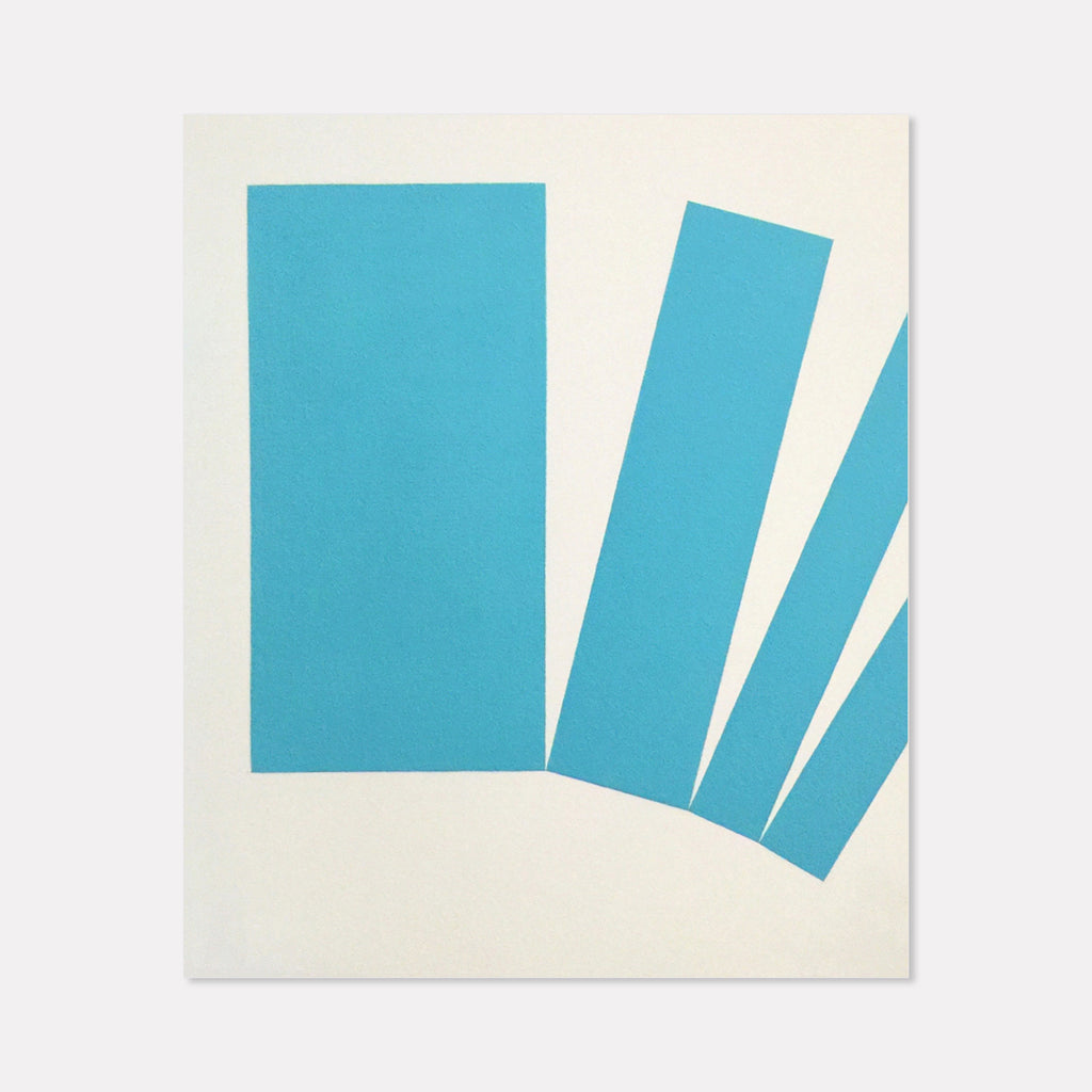 The artwork 'Loss (Diptych)' by Shyun Song features a minimalist geometric composition with turquoise blue rectangular shapes arranged asymmetrically against a cream background. The oil painting displays sharp, clean lines with one solid rectangle and three descending bars creating a dynamic visual movement. The 36x30 inch canvas emphasizes negative space and bold color blocking.